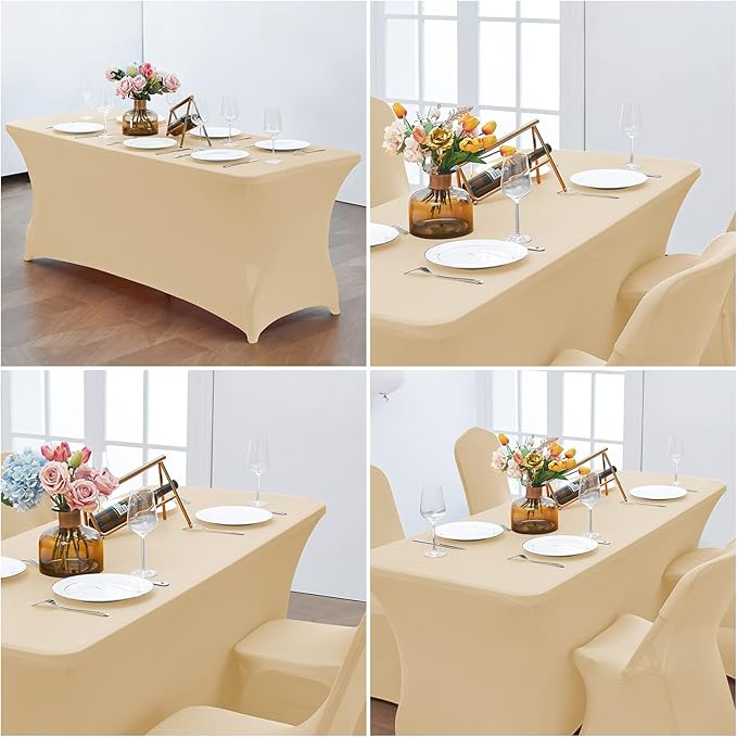 CWK 6FT Stretch Spandex Table Cover for Rectangular Tables - Elastic Fitted Tablecloth for Folding Tables,Wrinkle Resistant Table Cloth for Parties, Weddings, Banquets & Events (Champagne)