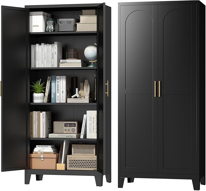 70.87" H Metal Kitchen Pantry Cabinet, Freestanding Cupboard with 2 Doors and 4 Adjustable Shelves, Tall Metal Storage Cabinet for Kitchen, Bathroom, Dinning Room or Laundry Room (Black)
