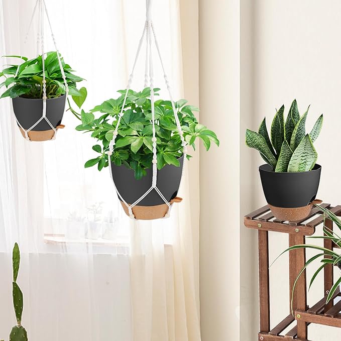 41.5 Inch Macrame Plant Hanger Indoor Outdoor with 12 Inch Flower Pot, Hanging Planter for Plants Holder with Wood Beads for Boho Home Decor (Ivory+Black)