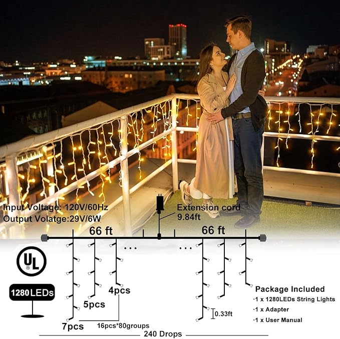 132ft Icicle Lights for Outside - 1280 LED Warm White Twinkle Lights with 240 Drops, 8 Modes Plug in Waterproof Timer Memory. Cannot be Extended. The Plug is in the Middle (66ft+66ft)