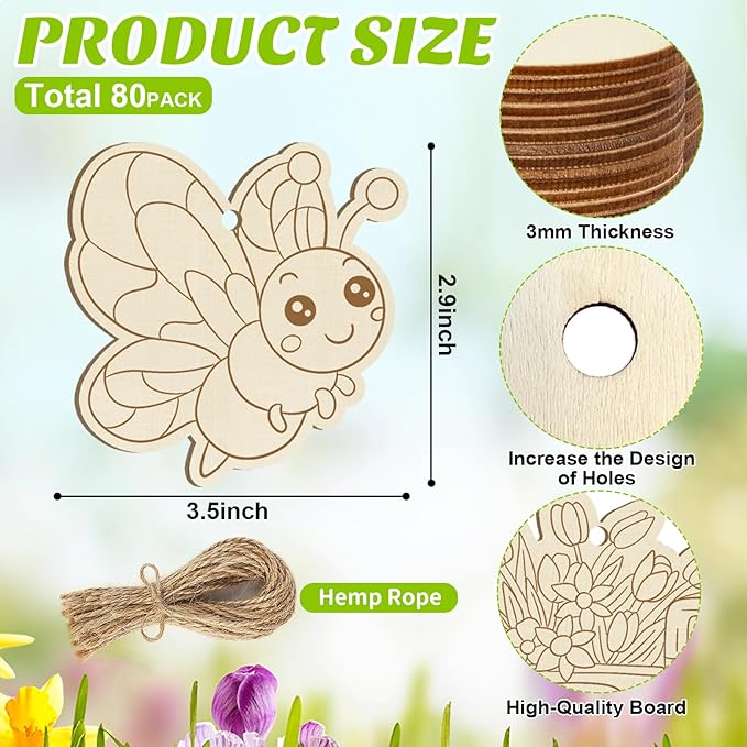 80PCS Wooden Spring Ornaments to Paint, 10 Styles DIY Blank Unfinished Wood Flower Cutouts Butterfly Ornament for Crafts Hanging Decorations, Cute Bee Flower Shape Home Decorations Gifts