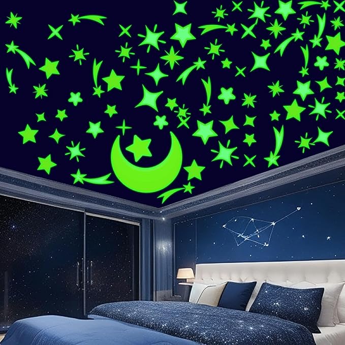 Glow in The Dark Moon Stars Stickers, 150 PCS Glowing Luminous Falling Star Wall Decals Moon Star Ceiling Stickers for Kids Boys Girls Bedroom Nursery Playroom Party Room Decor