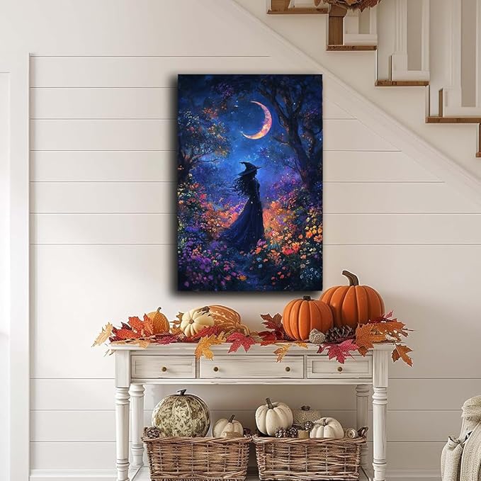 Vintage Halloween Witch Decor Mystic Gothic Wall Art Poster,Enchanting Witch Fall Whimsical Wildflowers Woodland Forest Crescent Moon Picture Art,Creepy Witchy Home Decor,12"x18" Framed