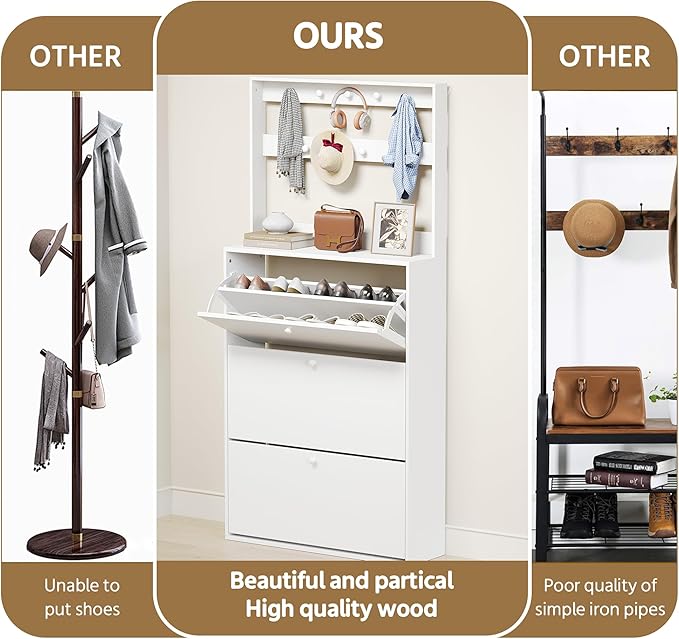 Shoe Cabinet with 3 Flip Drawers, Narrow Shoe Cabinet with 9 Hooks Coat Rack, Freestanding Shoes Storage Cabinets with Adjustable Shelves for Entryway, Hallway, Living Room, White