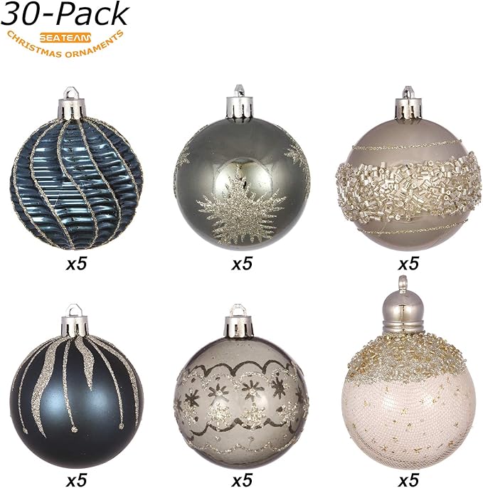 Sea Team 60mm/2.36" Delicate Contrast Color Theme Painting & Glittering Christmas Tree Pendants Decorative Hanging Christmas Baubles Balls Ornaments Set - (Stone Blue & Silver Grey), Pack of 30
