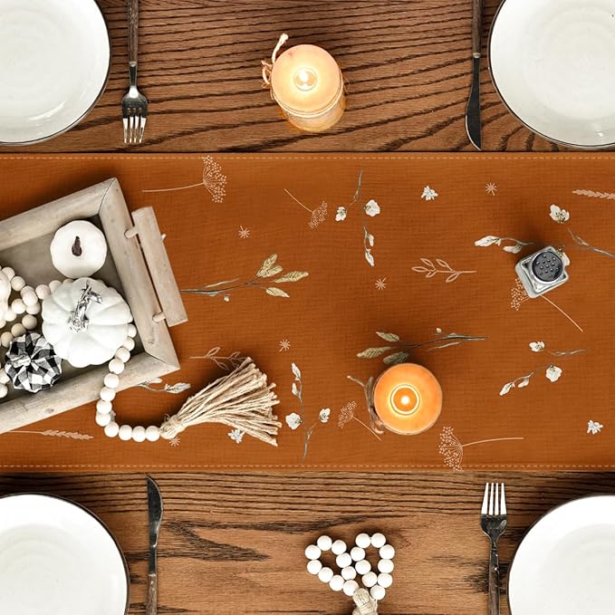 Artoid Mode Orange Pumpkins Leaves Flowers 210 GSM Fall Table Runner, Seasonal Autumn Kitchen Dining Table Decoration for Home Party Decor 13x60 Inch