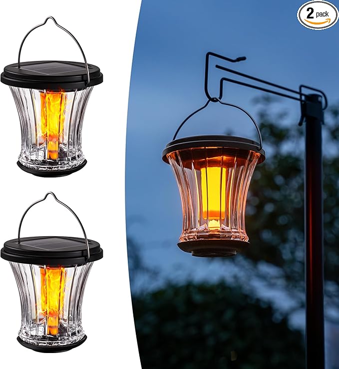 Glass Solar Lantern Outdoor Lights Waterproof, Flickering Flame Solar Lights with Modular Design, Auto On/Off Decorative Hanging Lanterns for Patio Garden Pathway Camping Deck Yard (2 Pack)