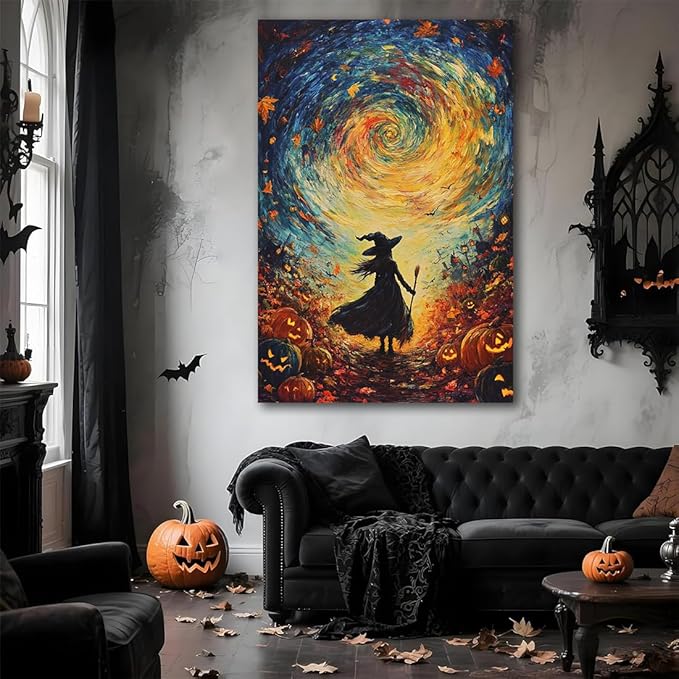 Halloween Autumn Witchy Decor Wall Art Prints,Gothic Witch in Whirlwind Autumn with Pumpkins Scene Pictures Poster,Fall Festival Home Decor Painting Canvas Poster for Bedroom Bathroom,16"x24" Framed