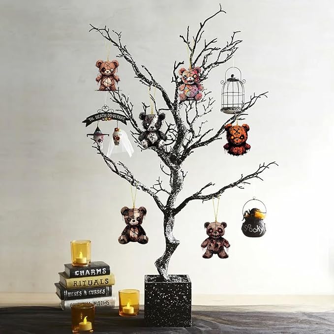 Halloween Tree Decoration, 6 Pcs Cute Acrylic Pendant, Terror Cartoon Bear Halloween Accessories, Funny Cartoon Christmas Tree Ornaments for Mini Decorations Indoor Outdoo
