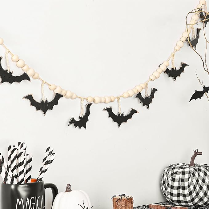 Halloween Garland, Farmhouse Wood Bats and Bead Garland for Halloween Decorations, Bat Banner for Wall Home Indoor Outdoor Black Halloween Decor Supplies