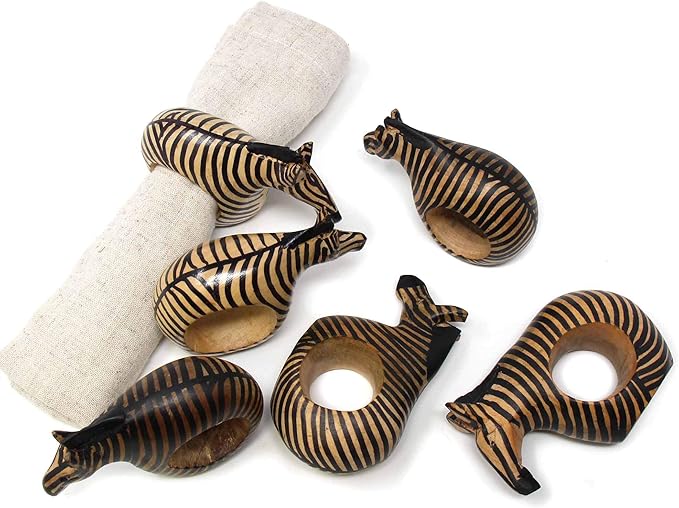 Handcarved Mahogany Wooden Napkin Ring Holders, Zebra, Set of 6 (KWF012_Z)