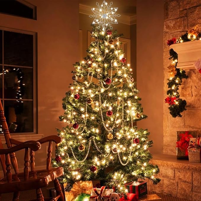 hogardeck Christmas Tree Topper, 10" Lighted Silver Snow Tree Topper, 20 LED Lights Silver Glitter Powder Snowflake Tree Toppers Christmas Decorations, Battery Powered Timer Xmas Treetop Star Decor