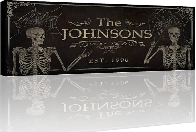 Tailored Canvases Gothic Family Wall Decor - Personalized Grunge Vintage Skeleton Room Decor for Home, Halloween Lovers, Men & Women for Bedroom, Living Room - Goth Spooky, Custom Couple Name, 48"x16"