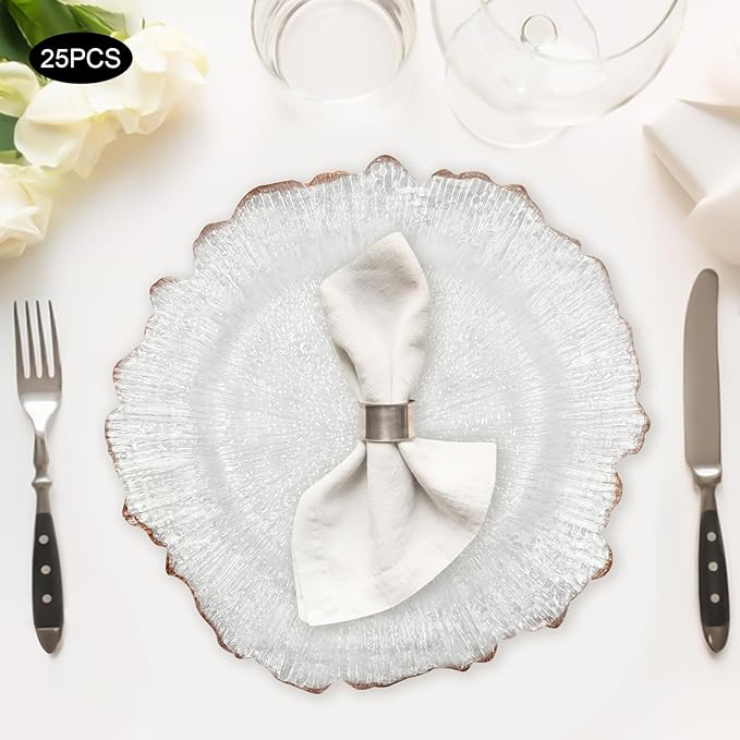 Charger Plates Set Round Embossed Dinner Plate Chargers Plastic Elegant Floral Plates for Dinner Wedding Party Event Table Kitchen Decoration 25PCS (Clear Gold 25pcs)