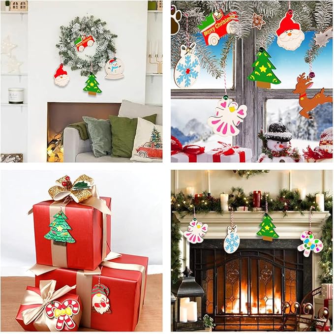 GUDELAK 60PCS DIY Wooden Christmas Ornaments, 12 Styles Christmas Crafts for Kids Adults with Ropes, 60 Bells and 12 Colored Pens, Unfinished Wood Ornaments Making Kit for Christmas Tree Decorations
