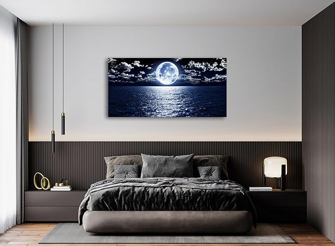 Cao Gen Decor Art S06975 Wall Art Canvas Prints Moon Sea Ocean Landscape 1 Panels Full Moon in Cloud Pictures Paintings Stretched and Framed for Living Room Bedroom Kicthen Office Artwork 30x60inch