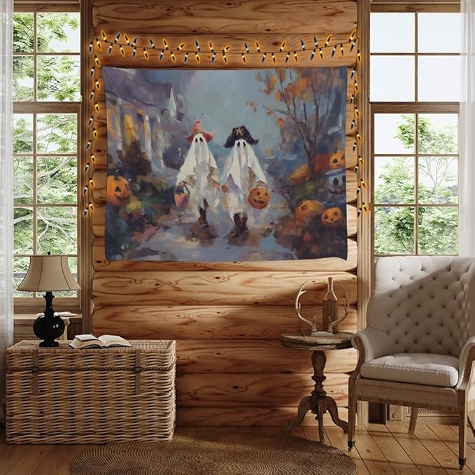 Funny Halloween Ghost Tapestry Wall Hanging Cute Kids Nursery Room Decor Trick or Treat Art Print Goth Fall Pumpkin Ghost Tapestries for Living Room Bedroom wall Decor 30x40inch