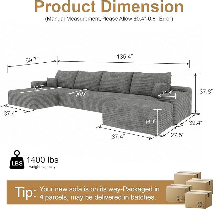 136" Sectional Couches for Living Room Modern Modular Sofa with L-Shape Couchs Upholstered Boneless Couch Deep Seat Sectional Couch with Chaise (Grey, Left Facing Chaise+3Seaters+Ottoman)
