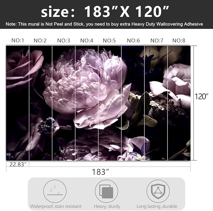 '-Black Peony Purple Floral Botanical Fabric Wallpaper Living Room Bedroom Bathroom Dark Flowers Large Wall Mural- 183"x120"( not Peel and Stick)