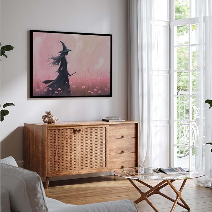 JFHCQJPK Witch in the pink sea of flowers Halloween prints weird flowers wall art silhouette painting fashionable romantic decoration suitable for bedroom16x24in Metal blackFramed