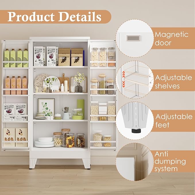 51" H Metal Kitchen Pantry Storage Cabinet, Freestanding Cupboard Storage Cabinet with Doors and Adjustable Shelves, Large Stand Up Food Cupboard for Living Room, Dinning Room, White