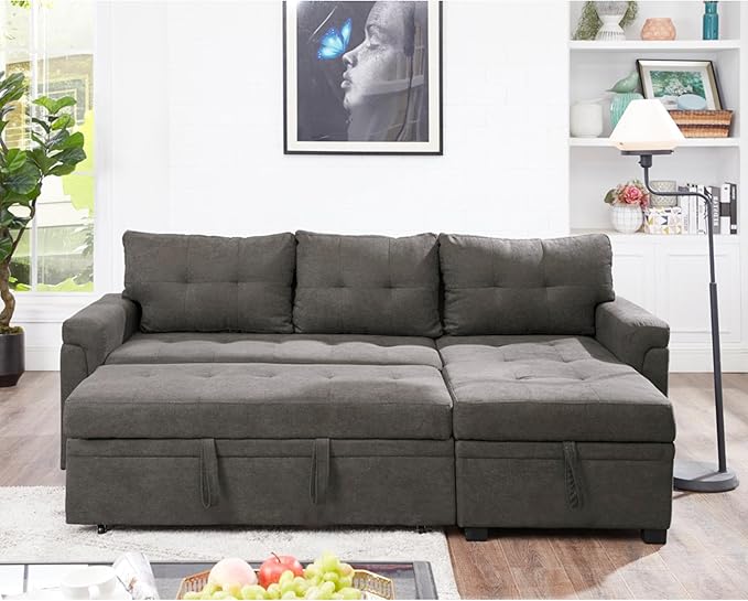 Naomi Home L-Shaped Reversible Sectional Sofa with Pull-Out Sleeper Bed and Storage Chaise, Espresso Velvet