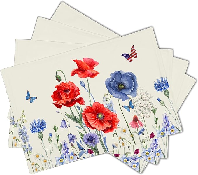 4th of July Placemats Set of 4 Red Blue Floral Patriotic Washable Non-Slip Heat Resistant Place Mats America Memorial Day Independence Day Table Mats 12x18 Inch