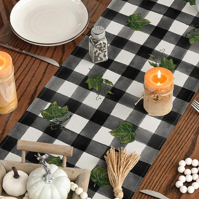 Artoid Mode Buffalo Plaid Bowknot Pumpkin Thankful Fall Table Runner, Autumn Thanksgiving Kitchen Dining Table Decoration for Home Party Decor 13x48 Inch