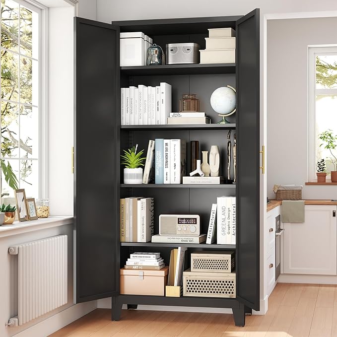 70.87" H Metal Kitchen Pantry Cabinet, Freestanding Cupboard with 2 Doors and 4 Adjustable Shelves, Tall Metal Storage Cabinet for Kitchen, Bathroom, Dinning Room or Laundry Room (Black)