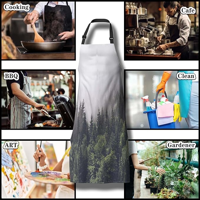 Garden Apron for Men Forested Mountain Slope in Low Lying Cloud Kitchen Aprons for Women for Kitchen Cooking Restaurant BBQ Painting Crafting Gardening 27” (W) x 31” (H), Waterproof Aprons