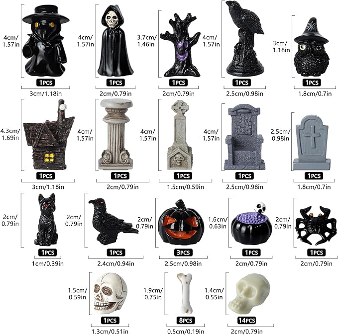 40Pcs Halloween Miniatures for Crafts Mini Figurines Skull Heads Resin Tombstones Skeleton Ornaments Halloween Fairy Garden Decor Horror Village Collections Dollhouse Accessories Decor 