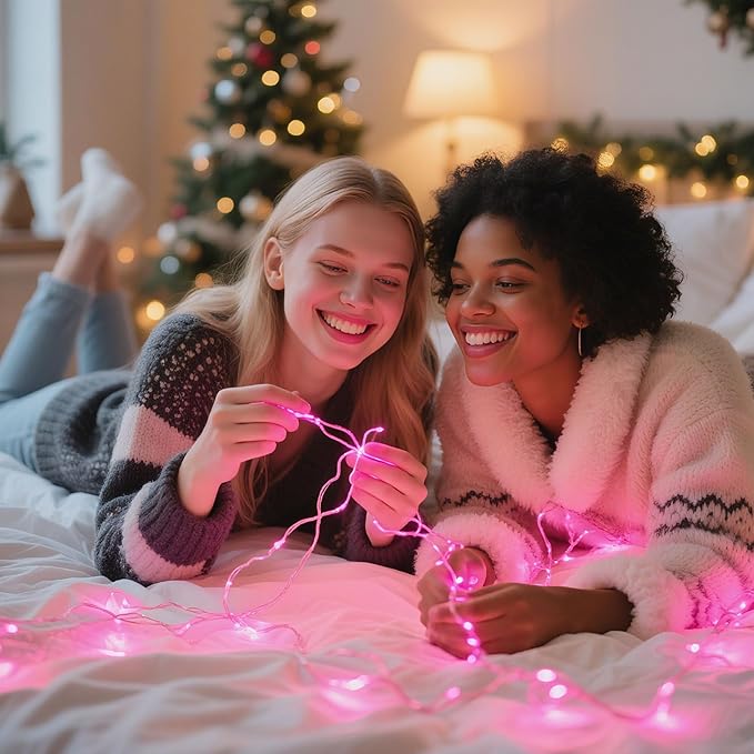 4 Pack 60LED Christmas Fairy Lights Battery Operated - 20FT Twinkle Lights with 2 Lighting Modes Indoor Outdoor, Waterproof Led Fairy String Lights for Bedroom, Wedding, Dorm, DIY Decor, Pink