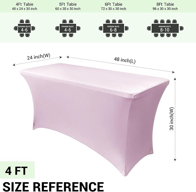 Obstal 4Ft Stretch Spandex Table Cover for Standard Folding Tables - 2 Pack Universal Rectangular Fitted Tablecloth for Party, Banquet, Events, Trade Show (Light Pink, 48L x 24W x 30H Inches)