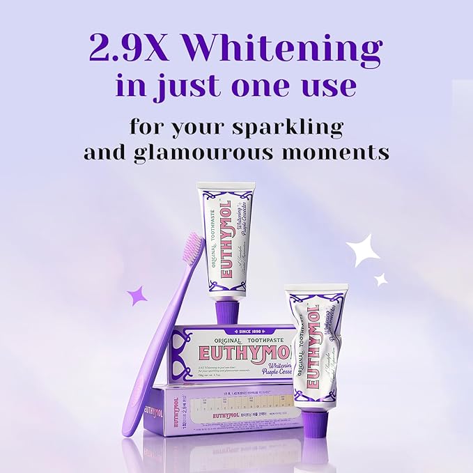 Euthymol Purple Whitening Toothpaste (3.7 fl oz) – for Yellow & Sensitive Teeth | Violet Tone-Up Formula, Instantly Brightens, 24H Stain Defense, Long-Lasting Fresh Breath