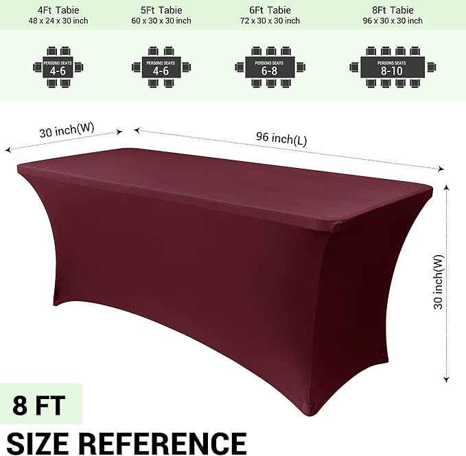 Obstal 8Ft Stretch Spandex Table Cover for Standard Folding Tables - 2 Pack Universal Rectangular Fitted Tablecloth for Party, Banquet, Events, Trade Show (Wine Red, 96L x 30W x 30H Inches)