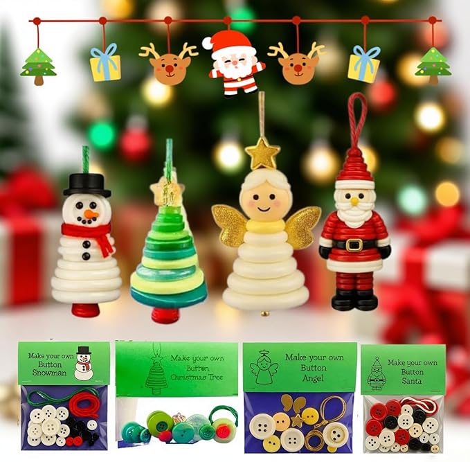 DIY Christmas Button Ornament Making Set–Fun Holiday Handmade Decorations for All Ages,DIY Craft Buttons Kit with Christmas Snowman/Santa/Angel,Xmas Tree Hanging Decorations (Mix-4pcs)