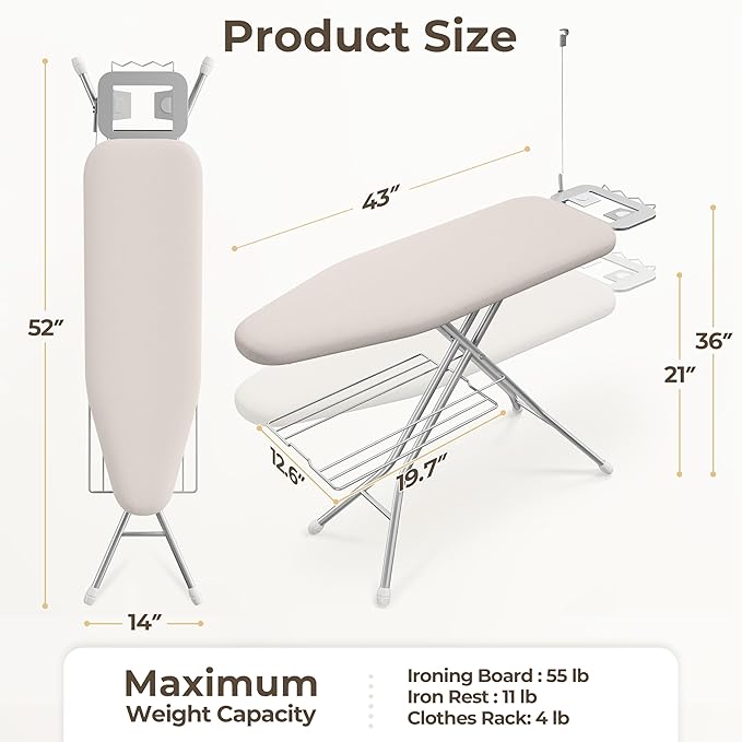 Yaheetech Ironing Board, Compact Iron Board with Cord Holder, Steam Iron Rest and Bottom Storage Tray, 9 Adjustable Heights & 3 Layer Cover, Folding Heavy Duty Ironing Board 52X14, Beige