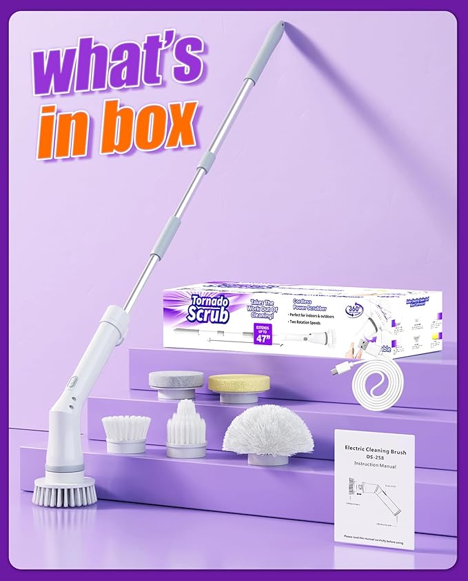 Electric Spin Scrubber, Cordless Shower Scrubber Rotary Floor Brushes & Pad Drivers with 6 Brush Heads - 2H Dual Speed, IPX7 Waterproof Extension Handle for Bathroom Tile Car Cleaning (White)