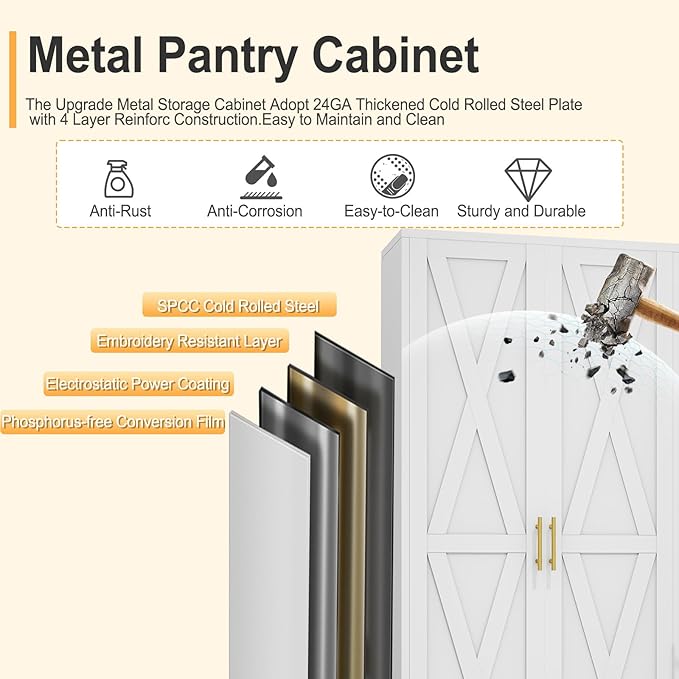 61" H Metal Kitchen Pantry Storage Cabinet, Freestanding Cupboard with 2 Doors and 3 Adjustable Shelves, Standing Storage for Kitchen, Bathroom, Garage, Dinning Room or Utility Room(White)