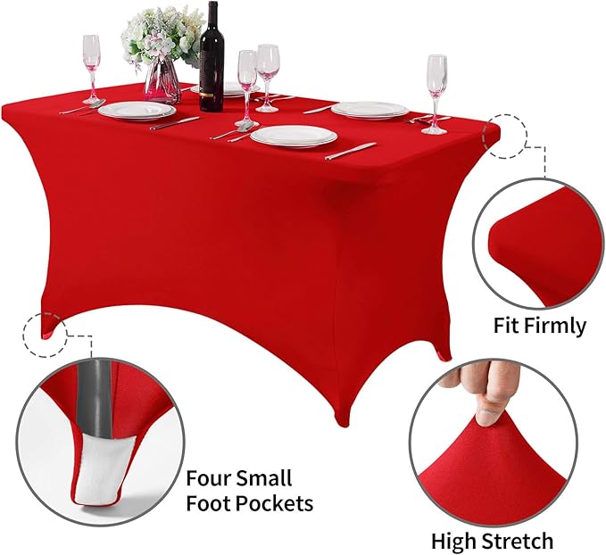 2Pack Spandex Table Cover for 4FT or 6ft or 8ft Table Universal Fitted Stretch Tablecloth for Party, Banquet, Wedding and Events-Red