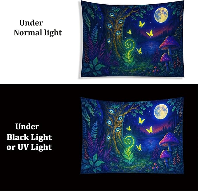 Starlit Patio Fantasy Forest Blacklight Tapestry UV Reactive Wall Hanging Glowing Tree Eyes Butterflies Mushrooms Moon for Bedroom Dorm Living Room Psychedelic Nature Decor Fluorescent Poster 78 x 59 Inch