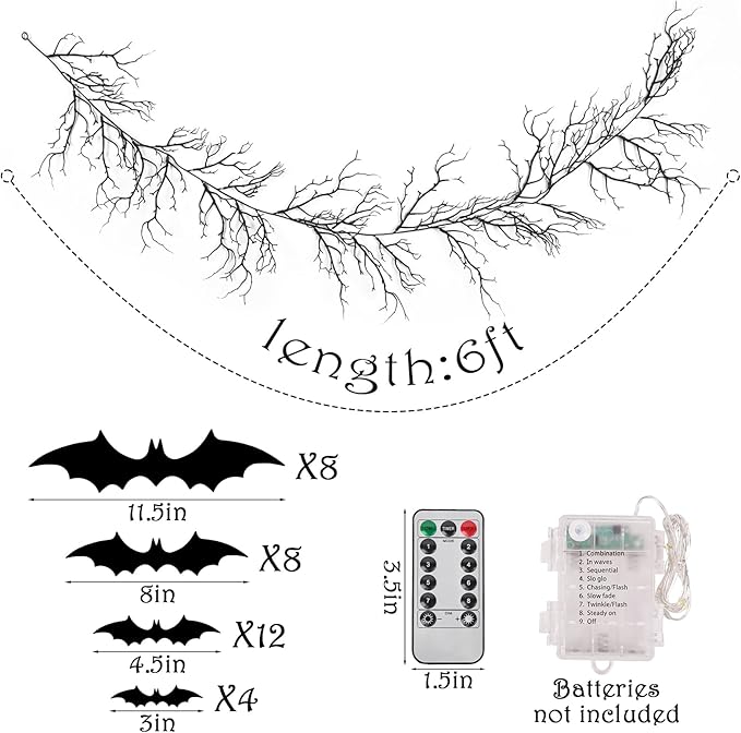 Gothic Halloween Banner: 1pc Haunted Bat Dark Dead Branch Halloween Party Banner with LED Lights, Decorative Bat Vine Twig Garland Decorations for Home Wall Mantel Doorways Front Decor