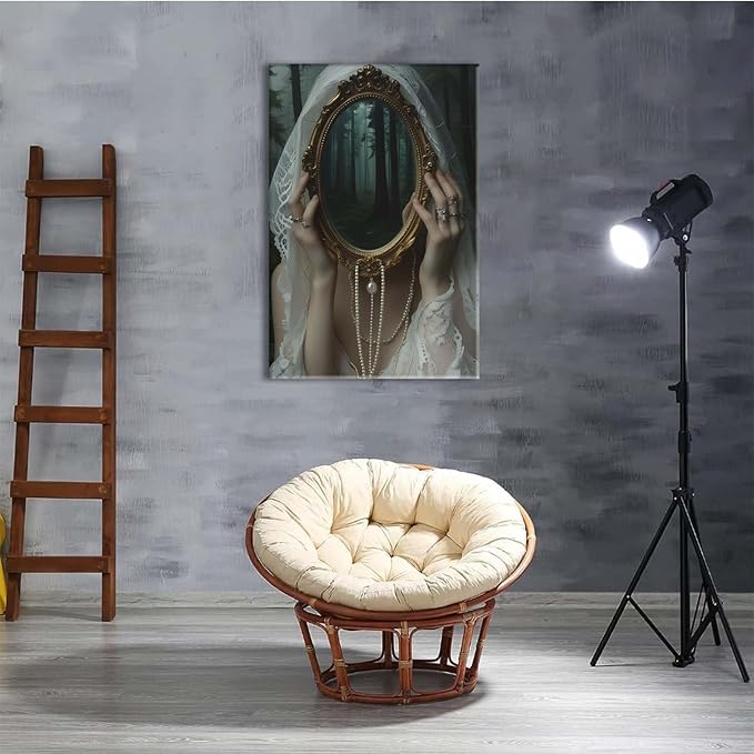 Mirror face covering dark art poster print melancholy gothic painting vintage feminine print victorian style decoration antique art8x12in Wood Framed