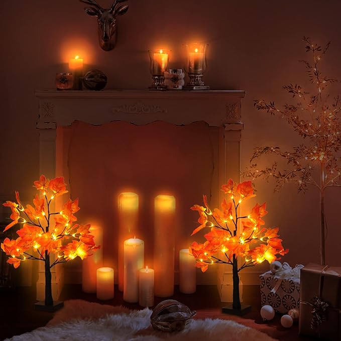 2 Pack Fall Lighted Maple Tree 48 LED Lights Thanksgiving Decoration Artificial Tree Lights 20 inch Battery or USB Powered DIY Table Light for Desktop Autumn Harvest Party Indoor Decor