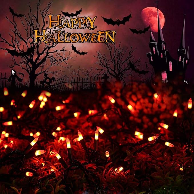 Brizled Orange Halloween Lights, 42.6ft 200 Count Incandescent Halloween String Lights Connectable, UL Certified Black Wire Mini Orange Lights String for Indoor Outdoor Tree Patio Garden Party Decor