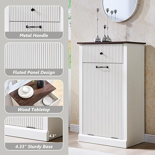 Modern Tilt-Out Trash Can Cabinet, 10 Gallon Fluted Laundry Hamper Cabinet with Drawers, Wooden Hidden Garbage Can Cabinets with Storage Basket, Free Standing for Kitchen and Living Room, White