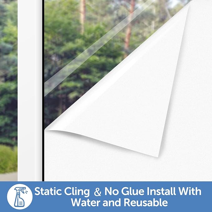 HIDBEA Frosted Window Privacy Film - Non Adhesive Static Cling Glass Stickers Sun UV Blocking Heat Control Door Covering Decals for Home Office, Frosted White, 17.3 x 98.4 Inch