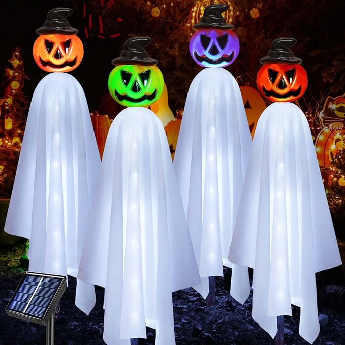 Upgraded Pumpkin Ghosts Halloween Decorations Outdoor, 4 Pack Waterproof Solar Ghosts Garden Stake Lights for Front Yard Patio Lawn Pathway Halloween Party Decorations