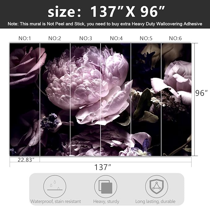 '-Black Peony Purple Floral Botanical Fabric Wallpaper Living Room Bedroom Bathroom Dark Flowers Large Wall Mural- 137"x96"( not Peel and Stick)