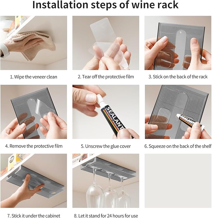 4 Pcs Wine Glass Holder Under Cabinet,Plastic Stemware Rack Punch-free Hanger Under Counter for Bar,Kitchen and Restaurant(Grey)